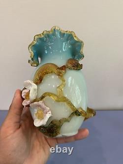 ANTIQUE UV REACTIVE Victorian Hand Blown Art Glass Vase WithApplied Flowers 7.25H