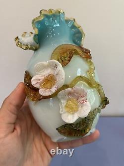 ANTIQUE UV REACTIVE Victorian Hand Blown Art Glass Vase WithApplied Flowers 7.25H