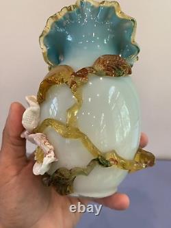 ANTIQUE UV REACTIVE Victorian Hand Blown Art Glass Vase WithApplied Flowers 7.25H