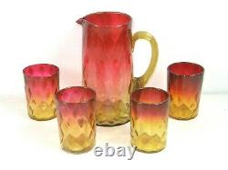 ANTIQUE VICTORIAN AMBERINA GLASS PITCHER AMBER REED HANDLE & 4 Cups Tumblers