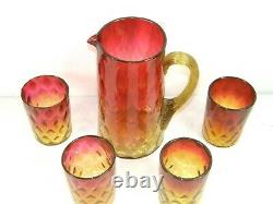 ANTIQUE VICTORIAN AMBERINA GLASS PITCHER AMBER REED HANDLE & 4 Cups Tumblers