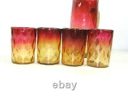 ANTIQUE VICTORIAN AMBERINA GLASS PITCHER AMBER REED HANDLE & 4 Cups Tumblers