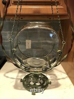 ANTIQUE VICTORIAN ART DECO THICK GLASS HANGING FISH TANK BOWL & STAND 34x20x8