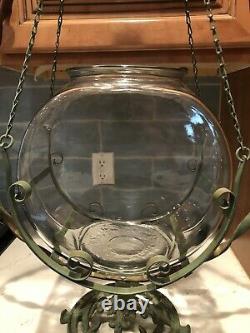 ANTIQUE VICTORIAN ART DECO THICK GLASS HANGING FISH TANK BOWL & STAND 34x20x8