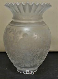 ANTIQUE VICTORIAN ART NOUVEAU HEAVY ETCHED GLASS OIL LAMP SHADES 19th C