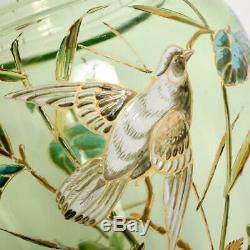 ANTIQUE VICTORIAN BOHEMIAN ART GLASS VASE With HAND PAINTED ENAMEL BIRD DECORATION