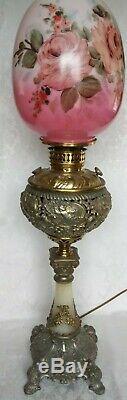 ANTIQUE VICTORIAN BRASS ORNATE BANQUET LAMP withHAND PAINTED ROSES SHADE