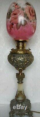 ANTIQUE VICTORIAN BRASS ORNATE BANQUET LAMP withHAND PAINTED ROSES SHADE