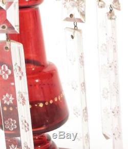 ANTIQUE VICTORIAN CRANBERRY MANTLE LUSTRES & PRISMS Art Glass 19th Century