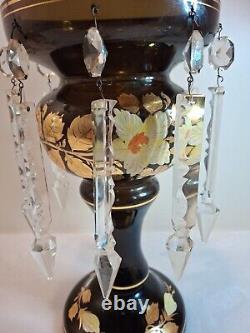 ANTIQUE VICTORIAN DECORATED ART GLASS MANTEL LUSTERS With CRYSTALS PRISMS