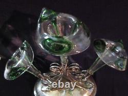 ANTIQUE VICTORIAN EPERGNE NICKEL SILVER BASE w 3 GREEN/CLEAR HAND BLOWN FLUTES