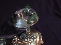 ANTIQUE VICTORIAN EPERGNE NICKEL SILVER BASE w 3 GREEN/CLEAR HAND BLOWN FLUTES