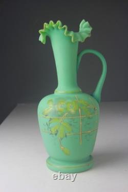 ANTIQUE VICTORIAN GREEN SATIN GLASS EWER VASE with RUFFLED TOP ANTIQUE VICTORIAN GREEN SATIN GLASS EWER VASE with RUFFLED TOP