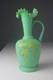 Antique Victorian Green Satin Glass Ewer Vase With Ruffled Top