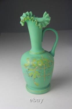 ANTIQUE VICTORIAN GREEN SATIN GLASS EWER VASE with RUFFLED TOP ANTIQUE VICTORIAN GREEN SATIN GLASS EWER VASE with RUFFLED TOP