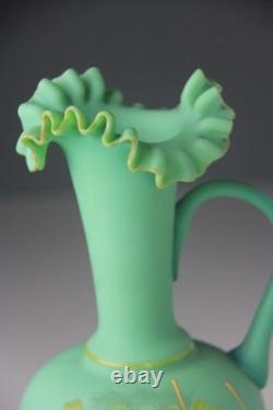 ANTIQUE VICTORIAN GREEN SATIN GLASS EWER VASE with RUFFLED TOP ANTIQUE VICTORIAN GREEN SATIN GLASS EWER VASE with RUFFLED TOP