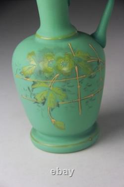 ANTIQUE VICTORIAN GREEN SATIN GLASS EWER VASE with RUFFLED TOP ANTIQUE VICTORIAN GREEN SATIN GLASS EWER VASE with RUFFLED TOP