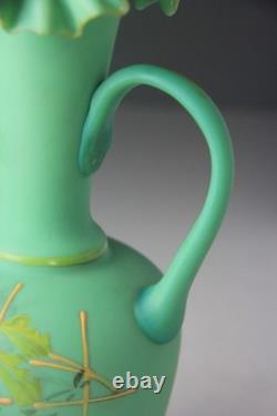 ANTIQUE VICTORIAN GREEN SATIN GLASS EWER VASE with RUFFLED TOP ANTIQUE VICTORIAN GREEN SATIN GLASS EWER VASE with RUFFLED TOP