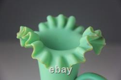 ANTIQUE VICTORIAN GREEN SATIN GLASS EWER VASE with RUFFLED TOP ANTIQUE VICTORIAN GREEN SATIN GLASS EWER VASE with RUFFLED TOP