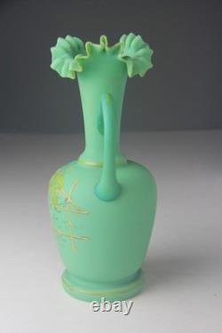 ANTIQUE VICTORIAN GREEN SATIN GLASS EWER VASE with RUFFLED TOP ANTIQUE VICTORIAN GREEN SATIN GLASS EWER VASE with RUFFLED TOP