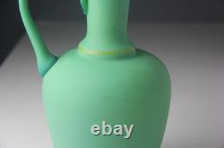 ANTIQUE VICTORIAN GREEN SATIN GLASS EWER VASE with RUFFLED TOP ANTIQUE VICTORIAN GREEN SATIN GLASS EWER VASE with RUFFLED TOP