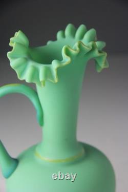 ANTIQUE VICTORIAN GREEN SATIN GLASS EWER VASE with RUFFLED TOP ANTIQUE VICTORIAN GREEN SATIN GLASS EWER VASE with RUFFLED TOP
