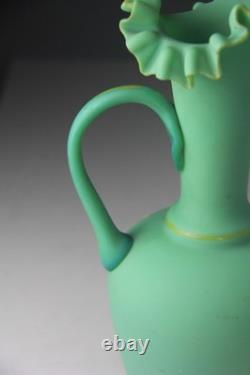 ANTIQUE VICTORIAN GREEN SATIN GLASS EWER VASE with RUFFLED TOP ANTIQUE VICTORIAN GREEN SATIN GLASS EWER VASE with RUFFLED TOP