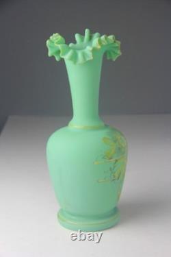 ANTIQUE VICTORIAN GREEN SATIN GLASS EWER VASE with RUFFLED TOP ANTIQUE VICTORIAN GREEN SATIN GLASS EWER VASE with RUFFLED TOP