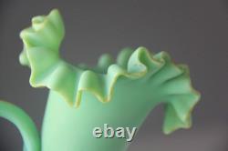 ANTIQUE VICTORIAN GREEN SATIN GLASS EWER VASE with RUFFLED TOP ANTIQUE VICTORIAN GREEN SATIN GLASS EWER VASE with RUFFLED TOP