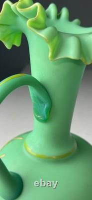 ANTIQUE VICTORIAN GREEN SATIN GLASS EWER VASE with RUFFLED TOP ANTIQUE VICTORIAN GREEN SATIN GLASS EWER VASE with RUFFLED TOP