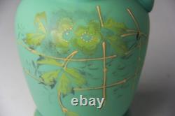ANTIQUE VICTORIAN GREEN SATIN GLASS EWER VASE with RUFFLED TOP ANTIQUE VICTORIAN GREEN SATIN GLASS EWER VASE with RUFFLED TOP