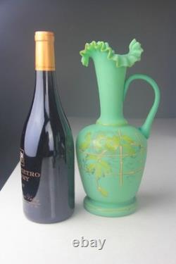 ANTIQUE VICTORIAN GREEN SATIN GLASS EWER VASE with RUFFLED TOP ANTIQUE VICTORIAN GREEN SATIN GLASS EWER VASE with RUFFLED TOP
