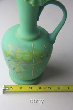 ANTIQUE VICTORIAN GREEN SATIN GLASS EWER VASE with RUFFLED TOP ANTIQUE VICTORIAN GREEN SATIN GLASS EWER VASE with RUFFLED TOP