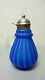 Antique Victorian Period Art Glass Syrup Pitcher, Blue Ribbed With Tin Metal Top