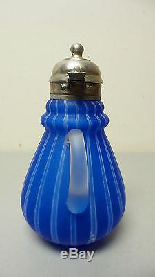 ANTIQUE VICTORIAN PERIOD ART GLASS SYRUP PITCHER, BLUE RIBBED with TIN METAL TOP
