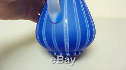 ANTIQUE VICTORIAN PERIOD ART GLASS SYRUP PITCHER, BLUE RIBBED with TIN METAL TOP