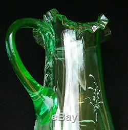 ANTIQUE VICTORIAN PITCHER JUG MARY GREGORY GREEN VASELINE GLASS 19th ART NOUVEAU