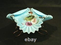 AQUA OPAQUE ART GLASS BASKET / CALLING CARD HOLDER, BRASS STAND, c. 1880's