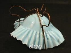 AQUA OPAQUE ART GLASS BASKET / CALLING CARD HOLDER, BRASS STAND, c. 1880's