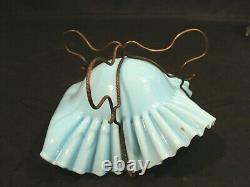 AQUA OPAQUE ART GLASS BASKET / CALLING CARD HOLDER, BRASS STAND, c. 1880's