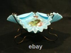 AQUA OPAQUE ART GLASS BASKET / CALLING CARD HOLDER, BRASS STAND, c. 1880's