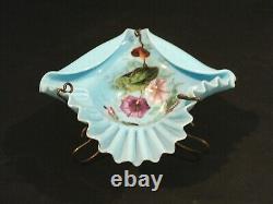 AQUA OPAQUE ART GLASS BASKET / CALLING CARD HOLDER, BRASS STAND, c. 1880's