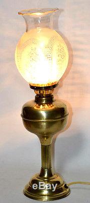 ART DECO Brass Oil Lamp Converted Table Lamp Etched Glass Shade PL2884