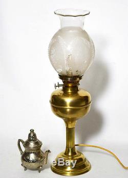 ART DECO Brass Oil Lamp Converted Table Lamp Etched Glass Shade PL2884