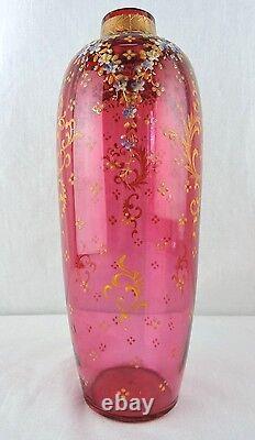 AUSTRIAN MOSER CRANBERRY GLASS VASE BLUE & WHITE FLORAL ENAMEL & GOLD c 1890