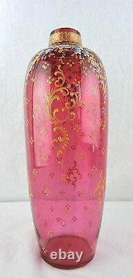 AUSTRIAN MOSER CRANBERRY GLASS VASE BLUE & WHITE FLORAL ENAMEL & GOLD c 1890