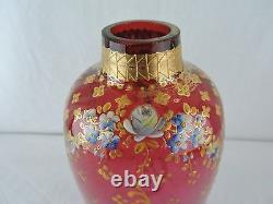 AUSTRIAN MOSER CRANBERRY GLASS VASE BLUE & WHITE FLORAL ENAMEL & GOLD c 1890