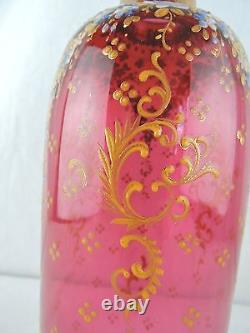 AUSTRIAN MOSER CRANBERRY GLASS VASE BLUE & WHITE FLORAL ENAMEL & GOLD c 1890