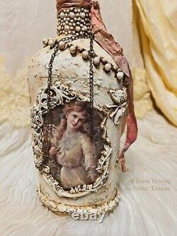 Altered Victorian Style Bottle Art Decorated Shabby Chic French Country Decor
