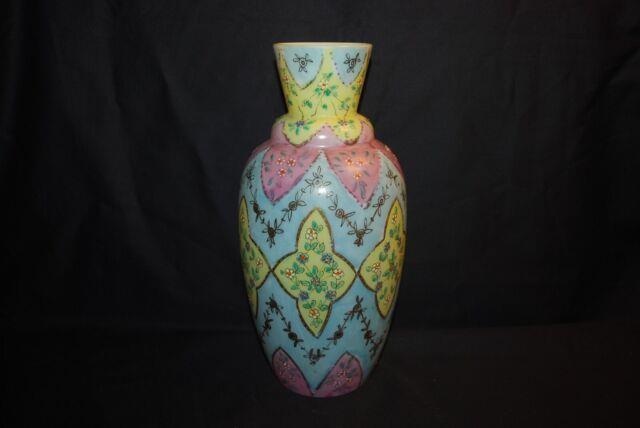 Amazing Victorian Flower Decorated Moorish Tall Art Glass Vase 1880s